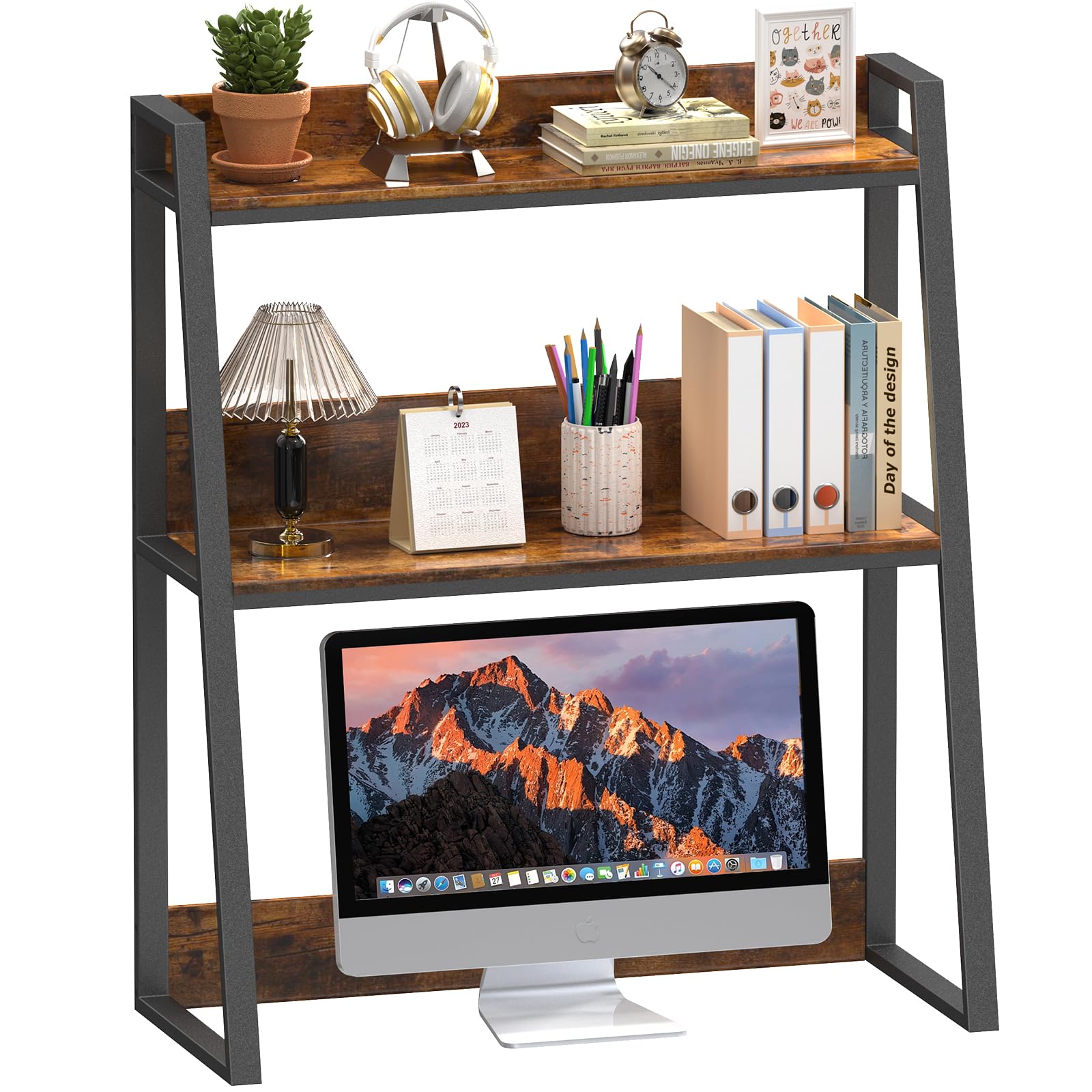 EasyCom Desktop Bookshelf 35" 2-Tier Multipurpose Wood Desktop Hutch for Computer Desk, Desk Desktop Bookshelf for Dorm Office Home