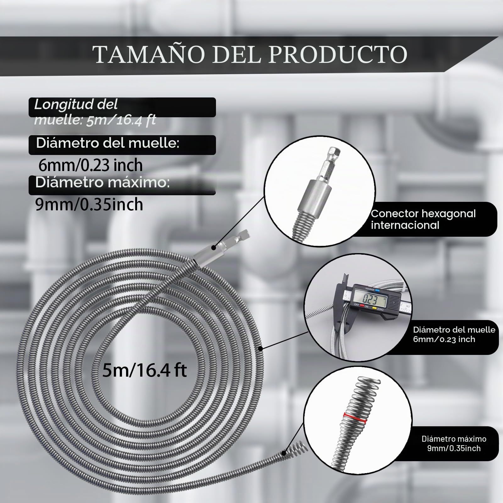 Espiral para limpieza de tuberías, diámetro de 6 mm, espiral de limpieza con adaptadores eléctricos y manuales, limpiador de tuberías en espiral, espiral eficiente (5 m)