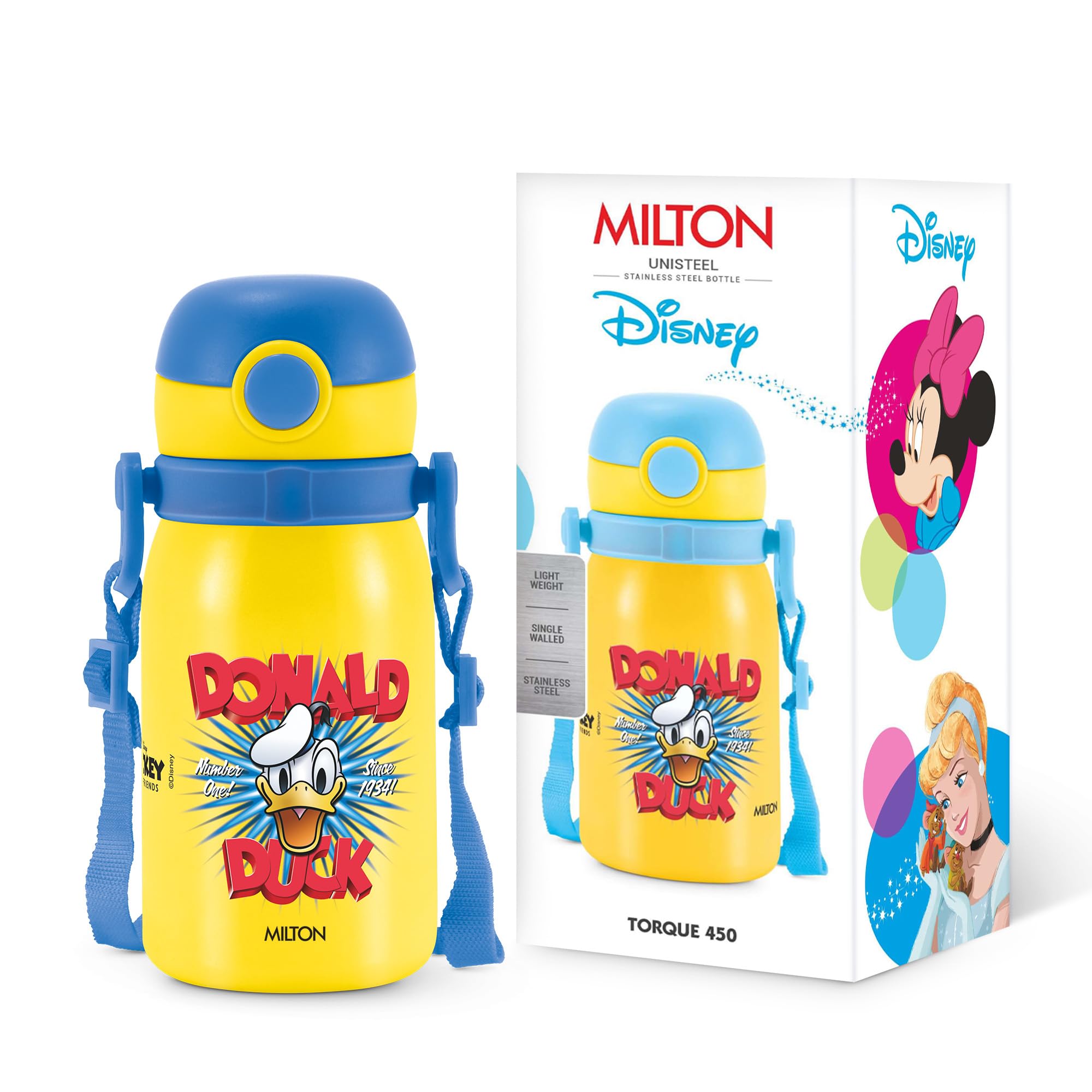 MILTON Disney Torque 450 ISI Certified Stainless Steel Water Bottle, Leak Proof, Rust Proof, Single walled,1 Yr Warranty, Ideal Sipper Water Bottle for School Kids Bottle, 455 ml, Yellow