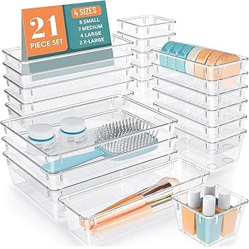 Boniry 21 Pcs Drawer Organizer Tray - Unbreakable Drawer Storage Organizer Set, Dressing Table/Kitchen Organizer, Multipurpose Storage Box for Cosmetic, Jewellery, Desk Organiser Tray (Transparent) - image, photos