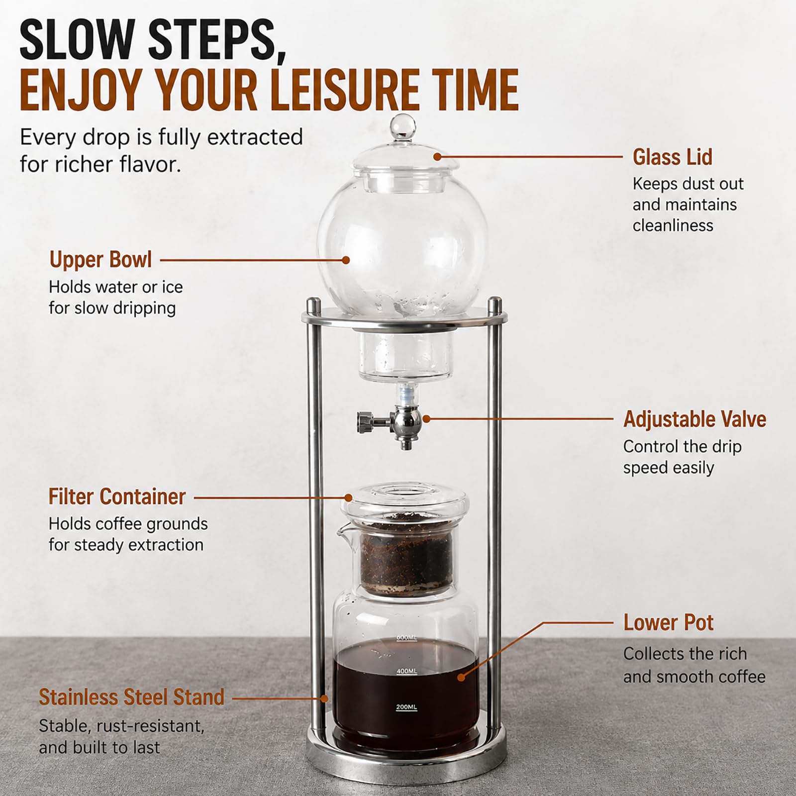 Macchina per Caffè Cold Brew, Torre di Vetro Caffè Cold Brew a Goccia 600ml