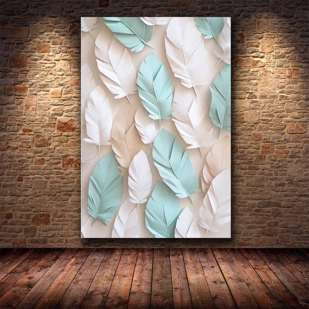 QUSAAOU Muralo Leinwandbild Beige Türkis Feder Muster Wand Deko Abstraktion-Motiv Bild FüR Wohnzimmer Schlafzimmer BüRo Restaurant Wandbild Wanddeko Modern Vintage(Beige)-40x60cm Gerahmt