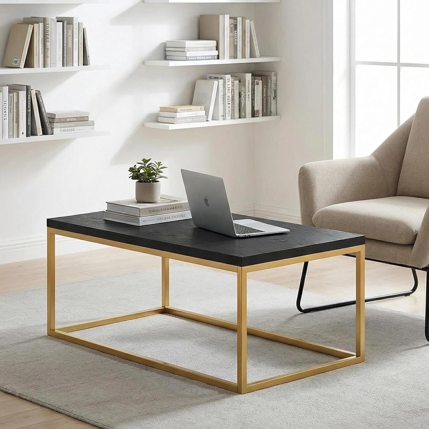 CENSI 40" Black and Gold Coffee Table for Living Room, Modern Cocktail Table with Brass Metal Legs, Rectangle Faux Oak Wood Center Table, Extra Thick Top, Luxury Glam Style