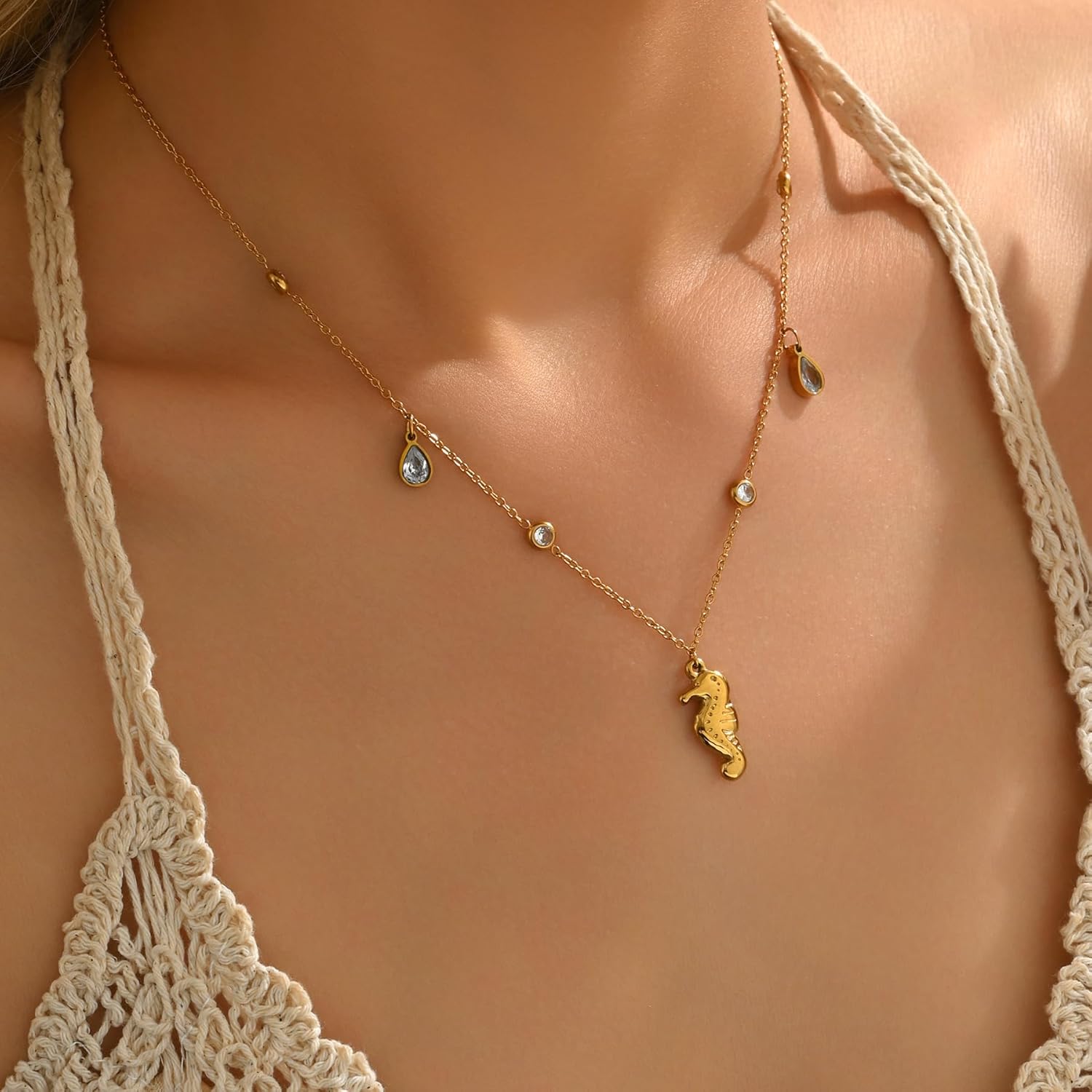 Diamond Necklaces for Women Dainty 18K Gold Plated Waterdrop Shape CZ Dangle Starfish Shell Star Choker Necklace Summer Beach Jewelry Gift - Image 3