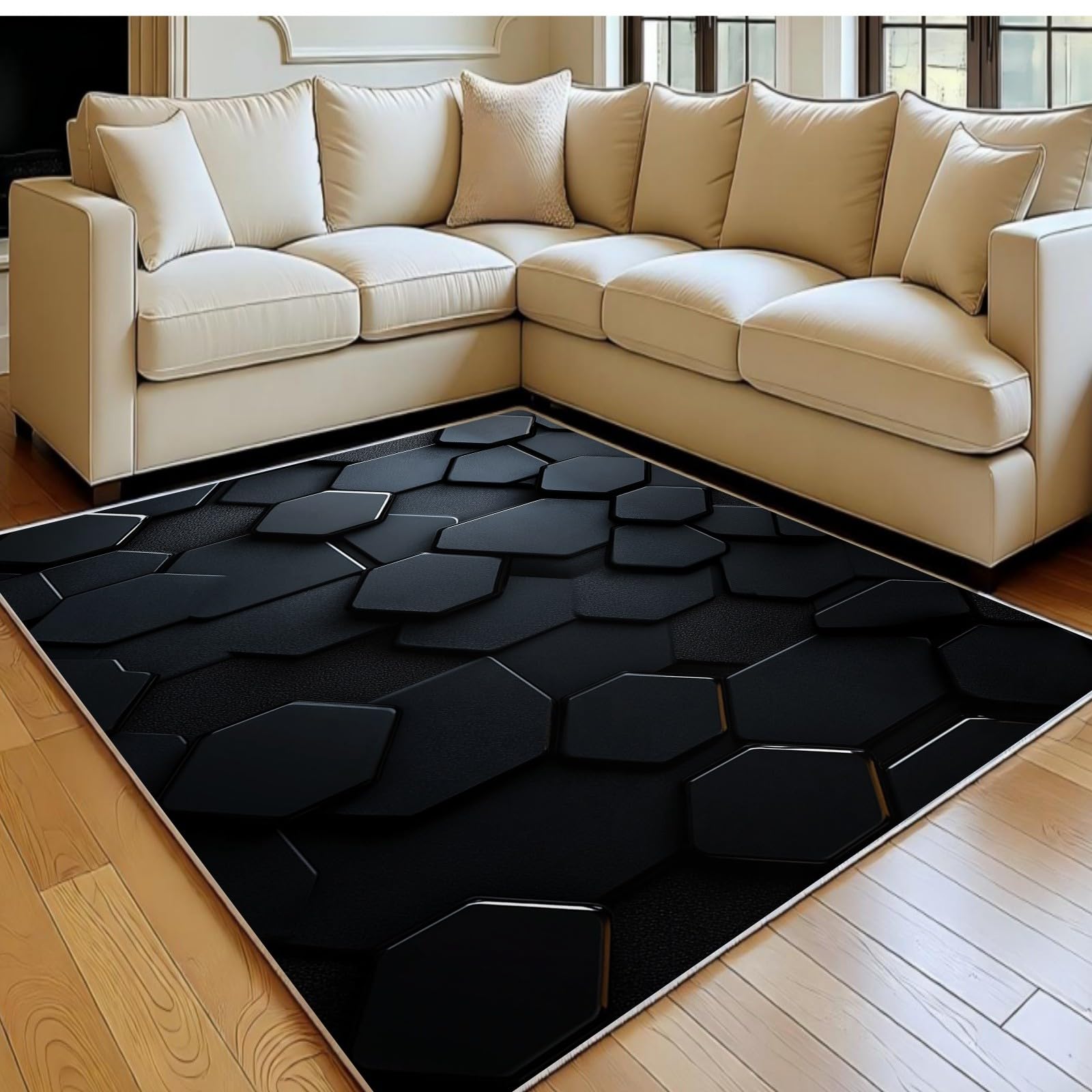 Tapis salon 140x200 cm noir au motif abstrait nid d'abeille poil ras