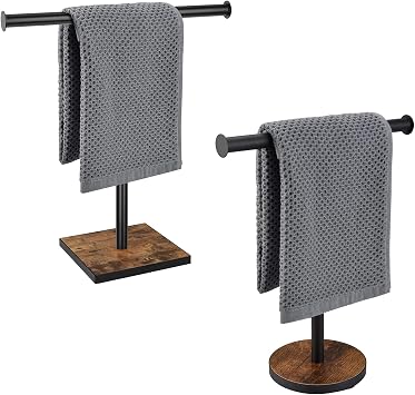 Hand Towel Holder Stand, Bathroom Hand Towel Holder with Weighted Base, T-Shape Standing Towel Racks for Bathroom and Kitchen Countertop Rustic Black Brown, 2 Pack