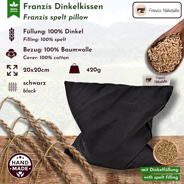 Franzis Nähstube 20x20cm Dinkelkissen Schwarz in 100% Baumwolle I Körnerkissen Dinkel 20x20 für Mikrowelle I Wärmekissen, Dinkelkernkissen, Nackenwärmekissen - 2