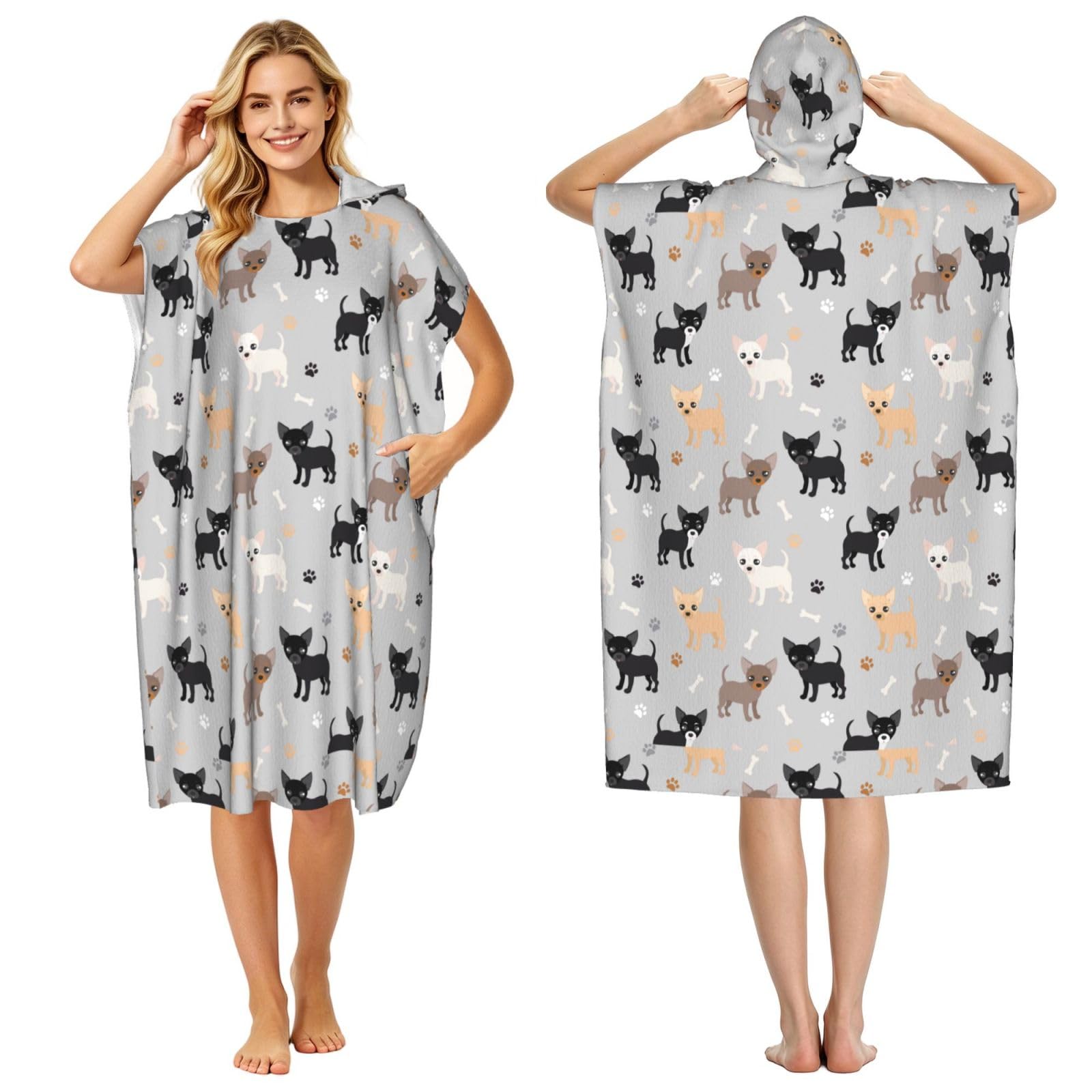Poadnly Chihuahua Paws And Bones, Adult Hooded Beach Towel 90 x 110 cm,Changing Bath Robe, Surf Poncho Towel For Women Men