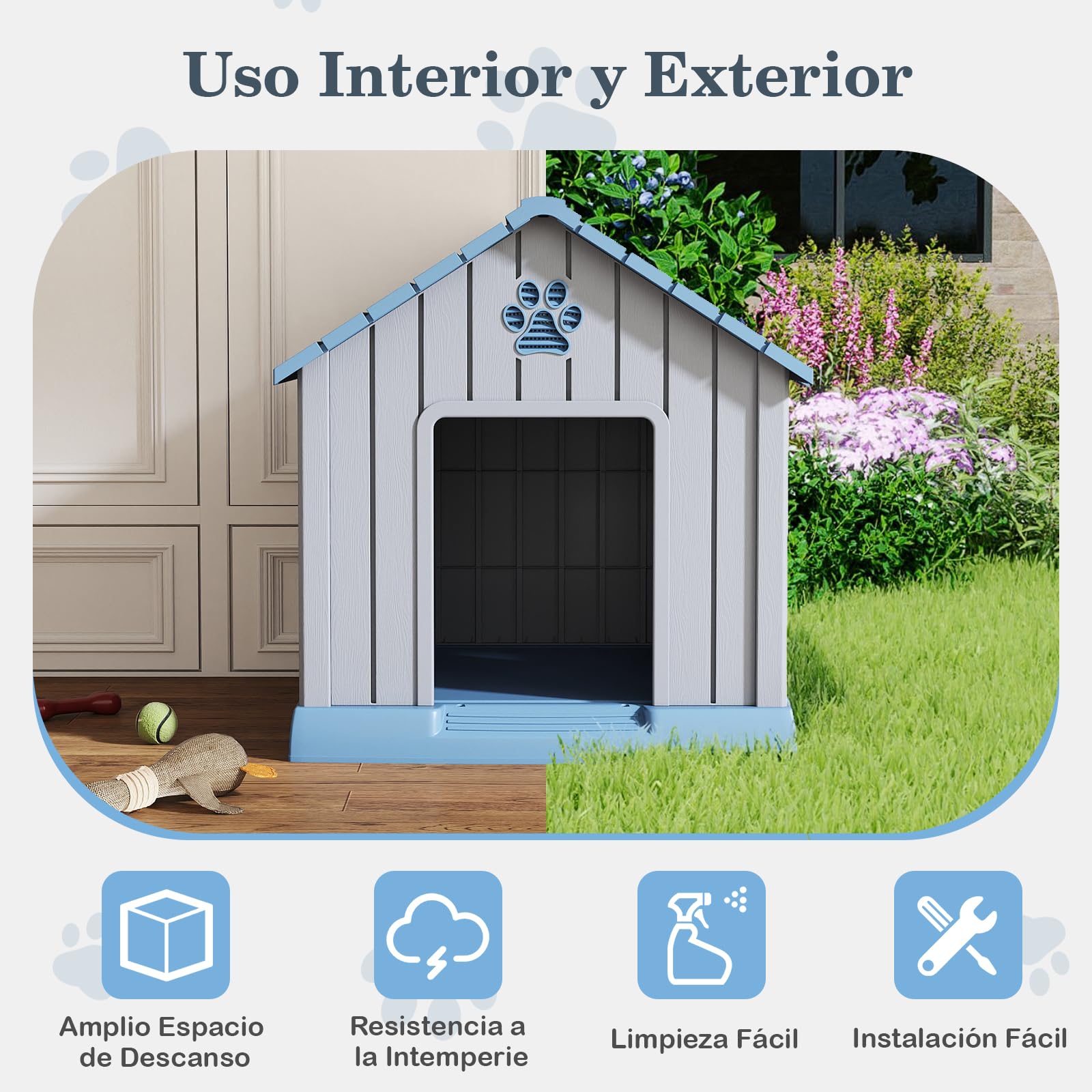 COSTWAY Caseta Perro Grande, 76x83x83 cm, Casa de Perro Exterior con Rejillas de Ventilaciones y Base Elevado, Refugio Impermeable Aislado para Mascotas Pequeños y Medianos Interior y Exterior, Azul