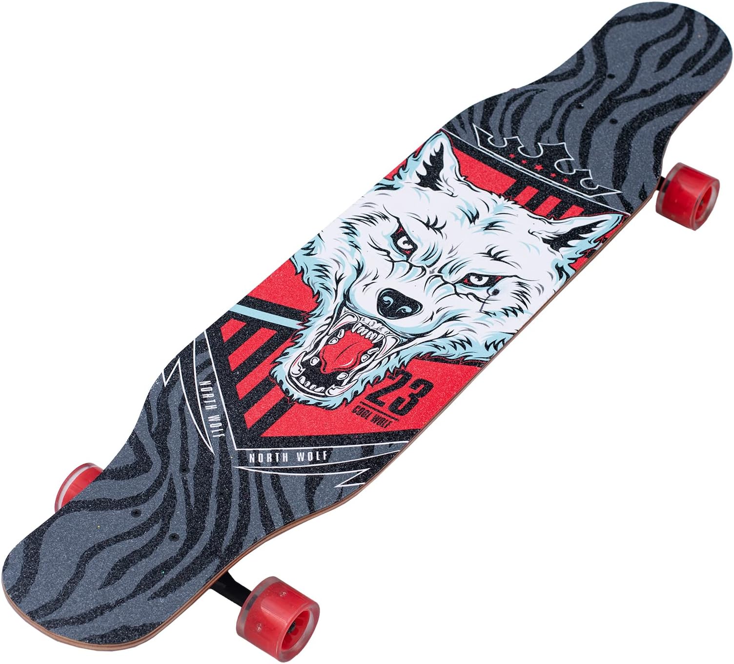 Drop Through Long-Board - Maple Skateboard with Wolf Graphic Design - Complete Skateboard Cruiser for Cruising, Carving, Free-Style and Downhill, 42 Inch x 9.5 Inch (L*W)
