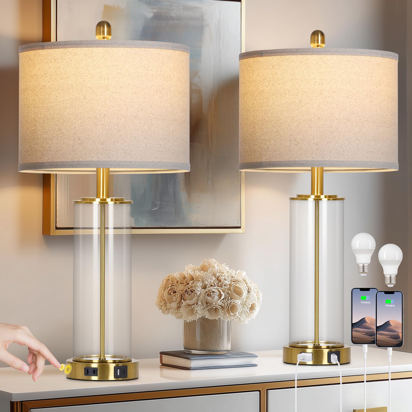 26 Gold Glass Table Lamps Set of 2 3-Way Dimmable Touch Control Glass Lamps for Living Room Modern