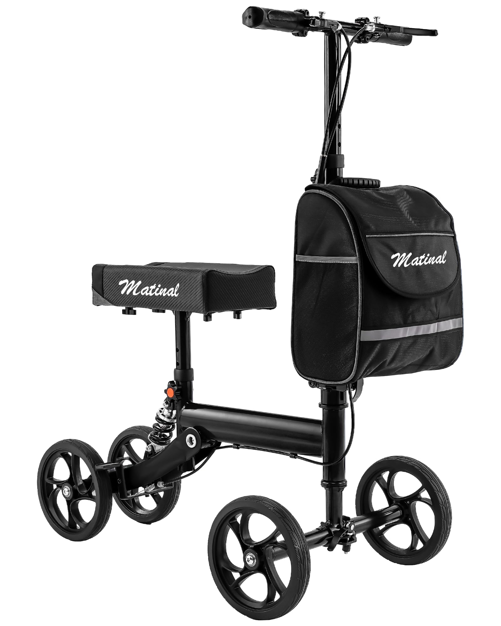 Patinete de rodilla con absorción de impactos, estable hasta 136 kg, altura ajustable para adultos después de la cirugía de pie, incluye bolsa extraíble y rueda delantera de 20 cm, color negro