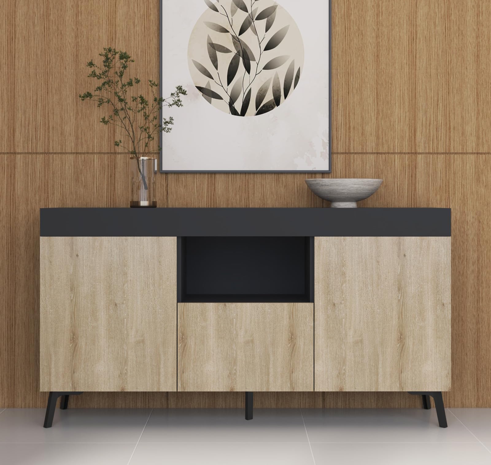 MB Muebles Bonitos | Aparador bajo Kai con 3 Puertas para Salón Comedor Moderno | Mueble de Melamina Mate | Color Negro y Sonoma | 130x70x32,5 cm