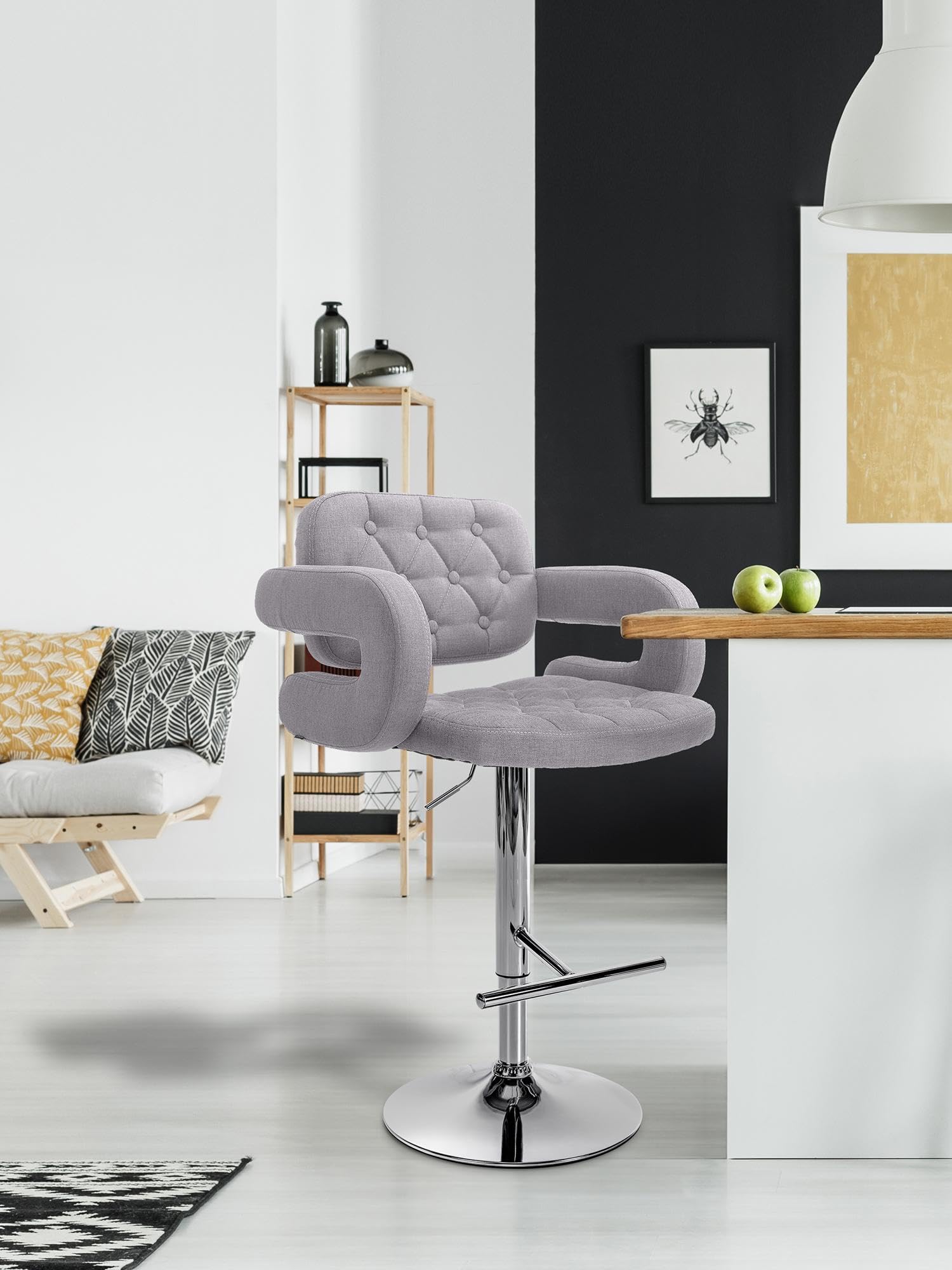 CLP Tabouret De Bar Dublin en Tissu I Chaise De Bar Réglable en Hauteur I Style Chesterfield I Chaise Haute avec Accoudoirs | Couleur Gris Couleur du Cadre Chrome