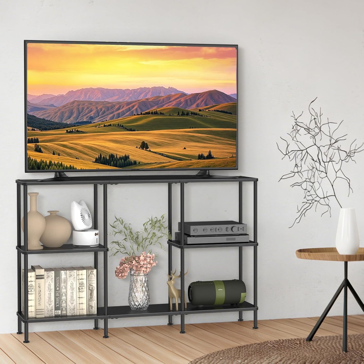 TV Stands for Living Room, Black TV Stand for 50 Inch TV, Tall Entertainment Center with 3 Tier Open Storage,TV Console Table for Bedroom, Media Cabinet with Shelves for 50 43 40 32 Inch TV, Black