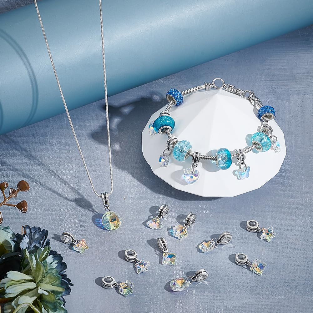 AHANDMAKER 40Pcs 8 Styles Crystal AB Glass Charms, Transparent Dangle Pendants with Large Rings Heart Star Flower European Beads for DIY Jewelry Making Necklaces Earrings Bracelets Keychains - Image 4