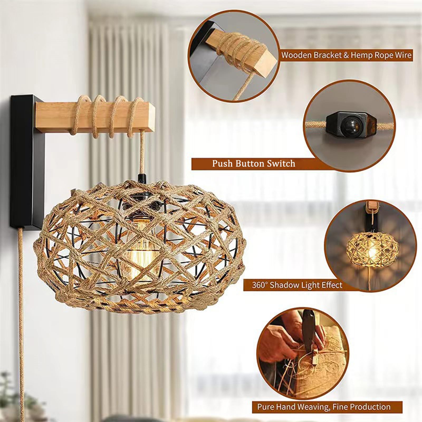 E27 lampa ścienna z przełącznikiem i wtyczką, oświetlenie ścienne, kabel, vintage, przemysłowa, lampka nocna, drewniana lampa ścienna do sypialni, salonu, korytarza, jadalni (bez żarówki) (C)