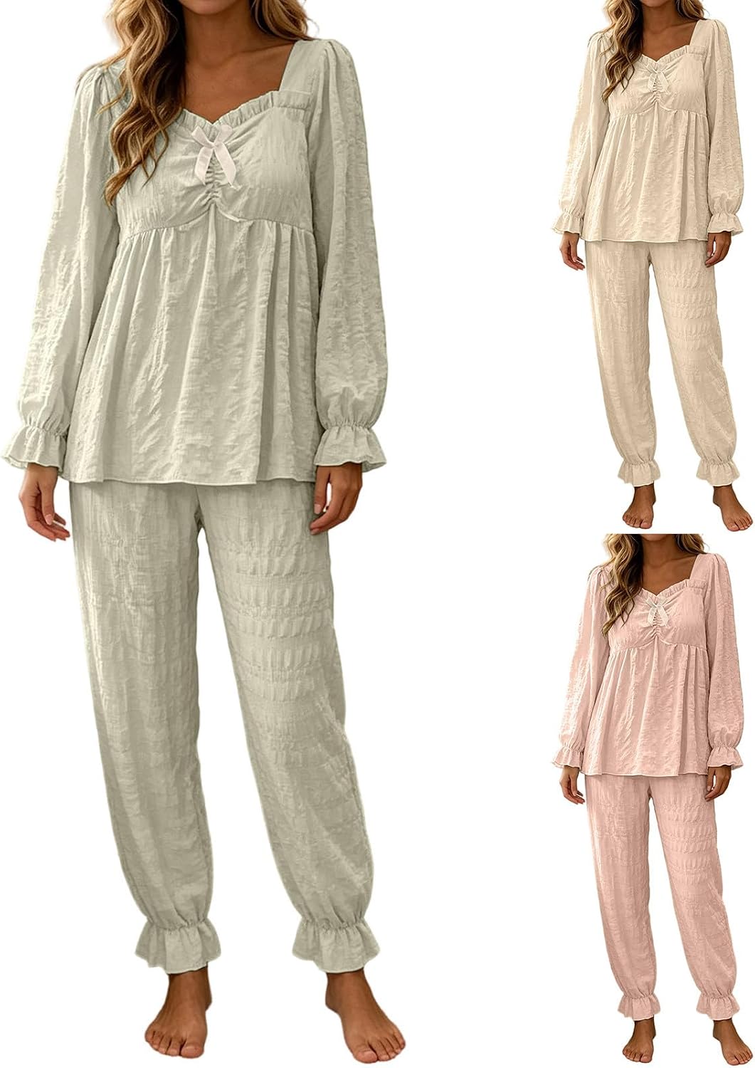 Women's Pajama Set Cute Bow Knot Square Neck Top Long Pants Lounge sets | Long Sleeve,Comfy Casual pajamas 2 Piece, Sleepwear Pjs Sets,Home Daily Wear Sleepovers Vacation Loungewear,for Fall Winter