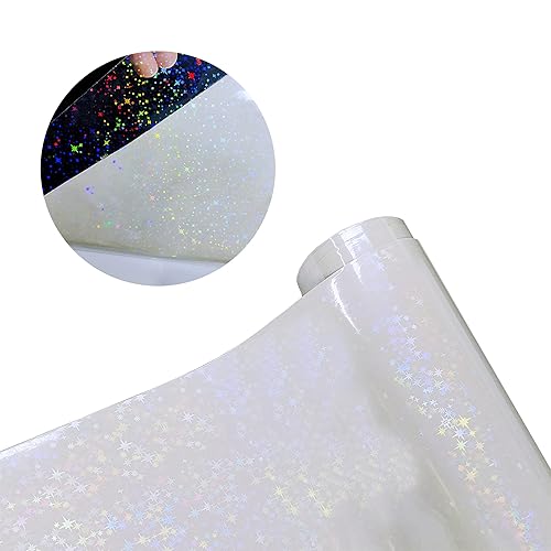 Bleidruck Papel adhesivo holográfico de estrellas de 12 pulgadas x 20 pies, diseño de arco iris, autoadhesivo, impermeable, transparente, película