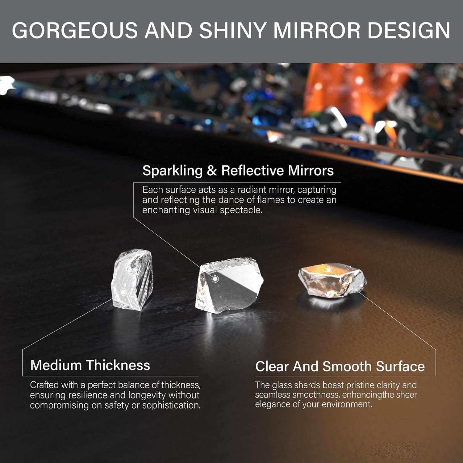 NUPICK 20 lb 1/2 Inch Reflective Fire Glass, Safe, Non-Blackening, Eco-Friendly, Sparkly, Modern, Contemporary, Indoor/Outdoor