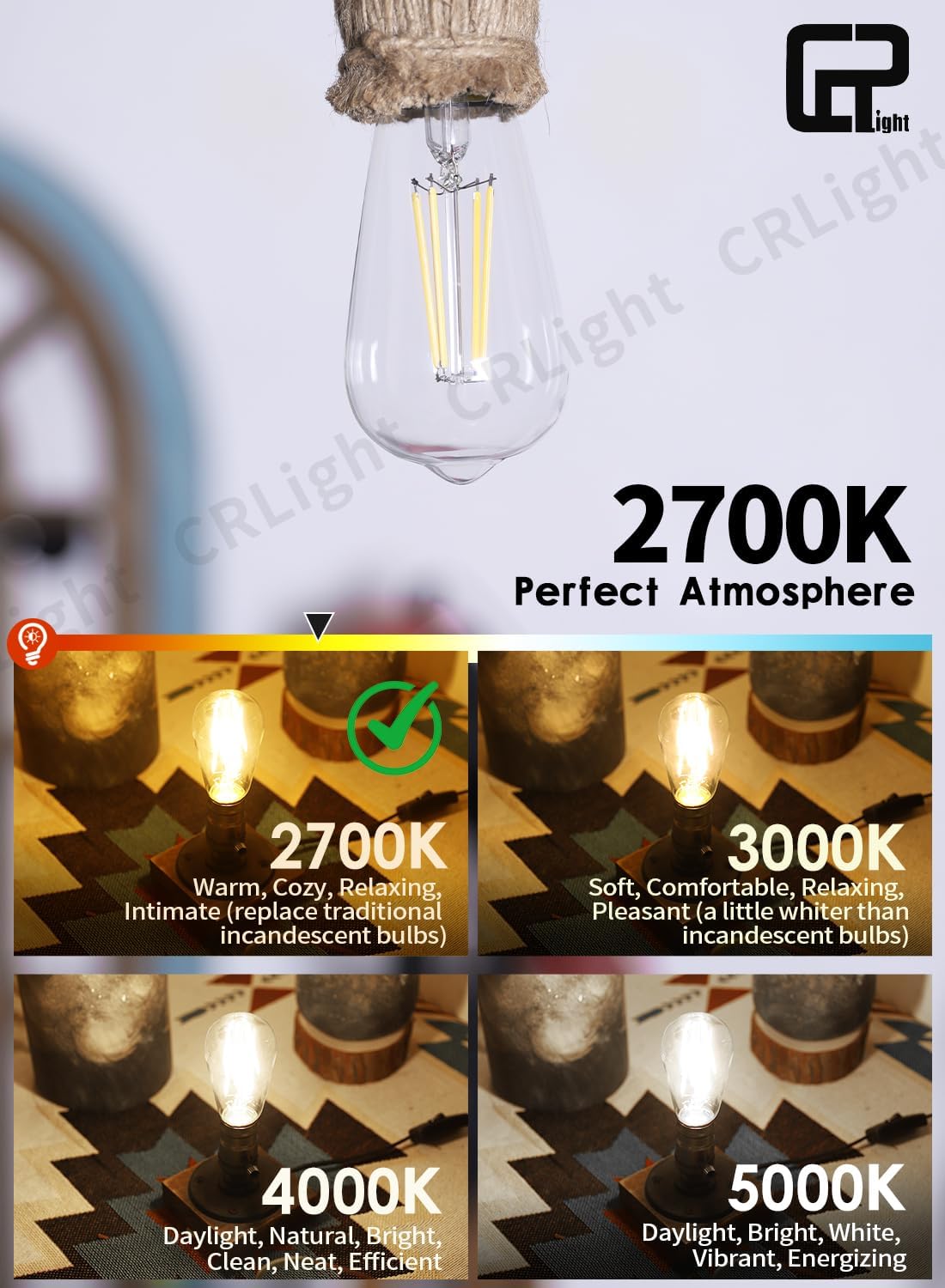 CRLight 8 Pack​​ Vintage Dimmable LED Edison Bulbs, 2700K Warm White 8W 800LM Equivalent 80W Incandescent, E26 ST58 = ST19 Clear Glass ​​Antique Decorative Filament Light
