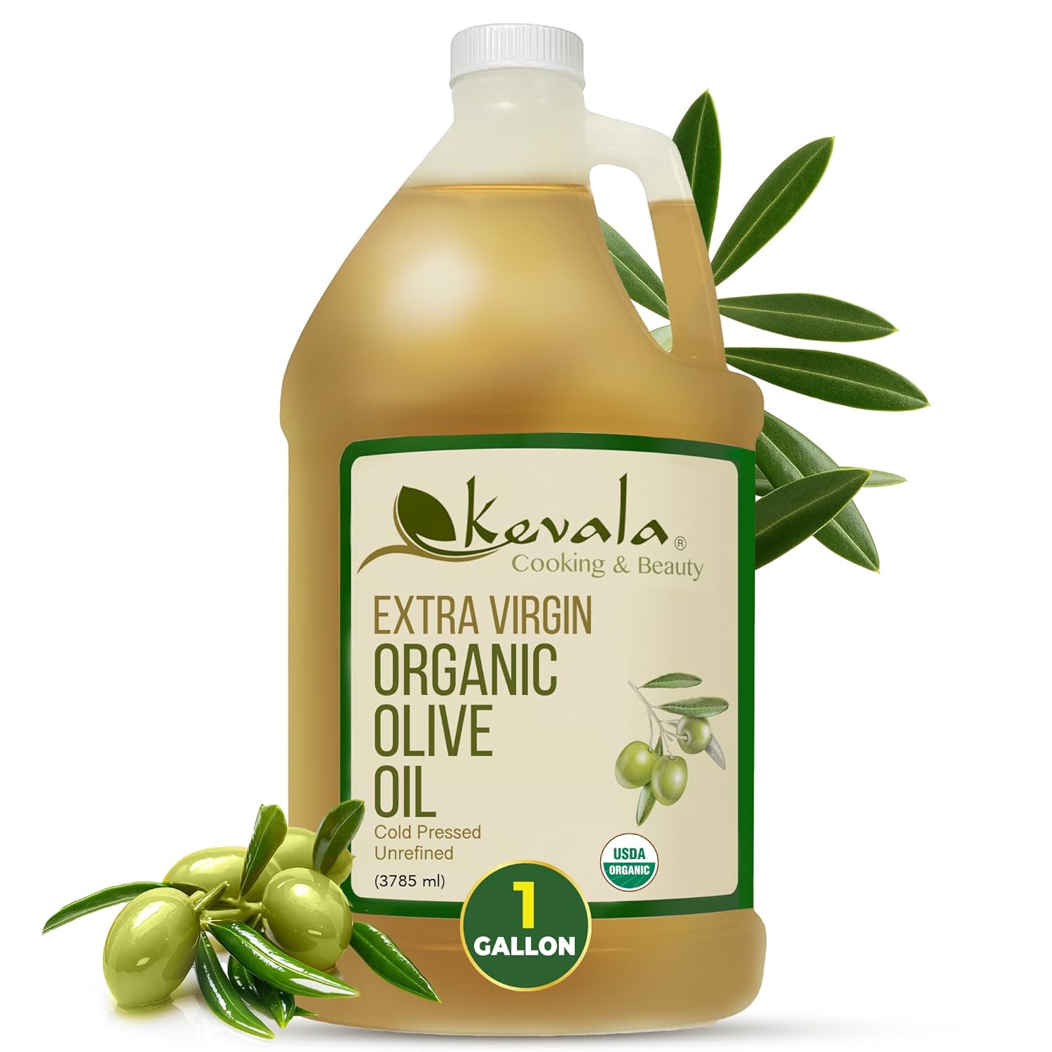 Kevala Extra Virgin Organic Olive Oil - Gluten-Free and Cholesterol-Free Oil Perfect for Frying and Cooking, Smooth Base for a Ranch Dressing, Cold Pressed and Unrefined, Bulk Size 128 oz