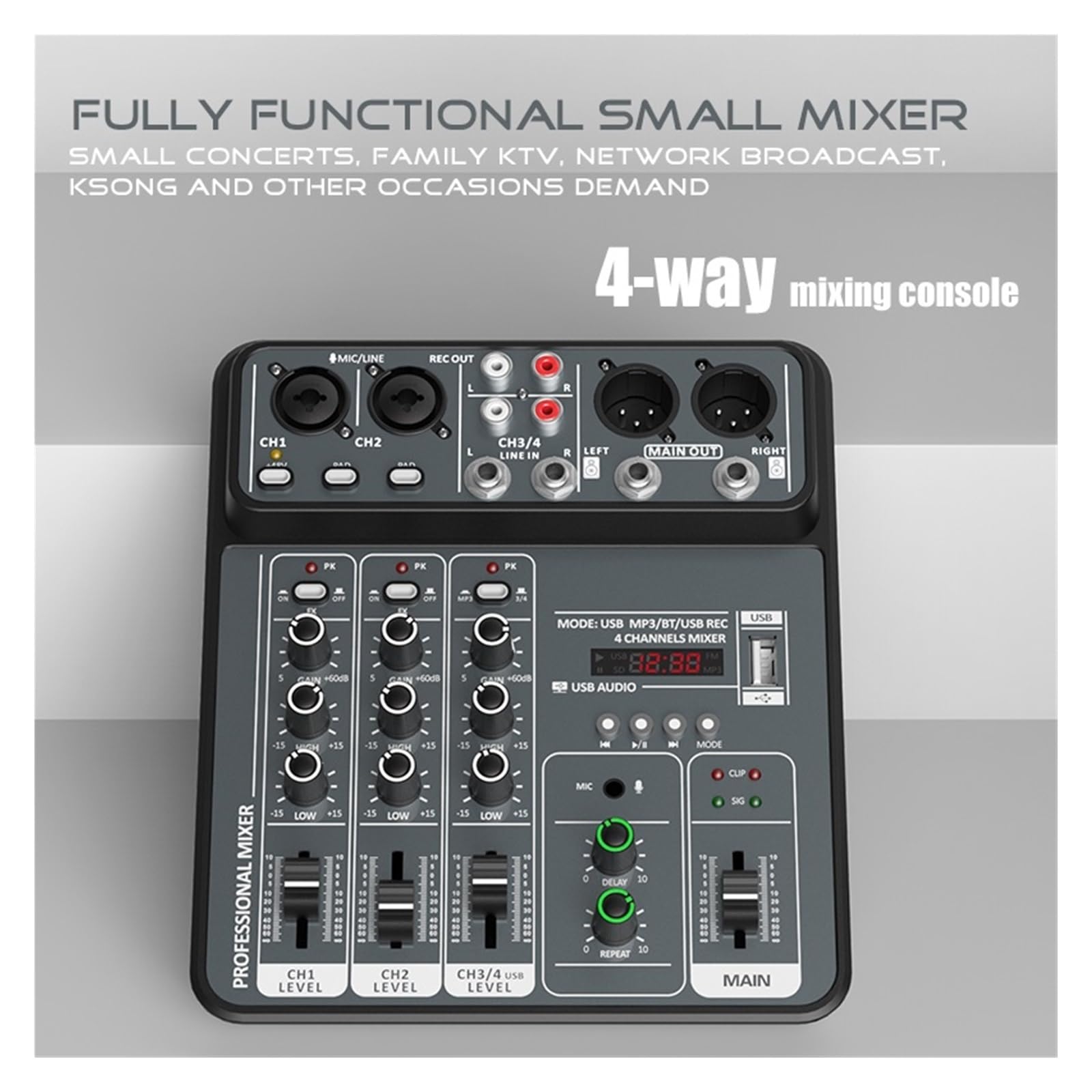 Mikser 4-kanałowy 48V Phantom Power USB Studio Miksery dźwięku Konsola DJ Bluetooth Miksowanie Muzyka na żywo