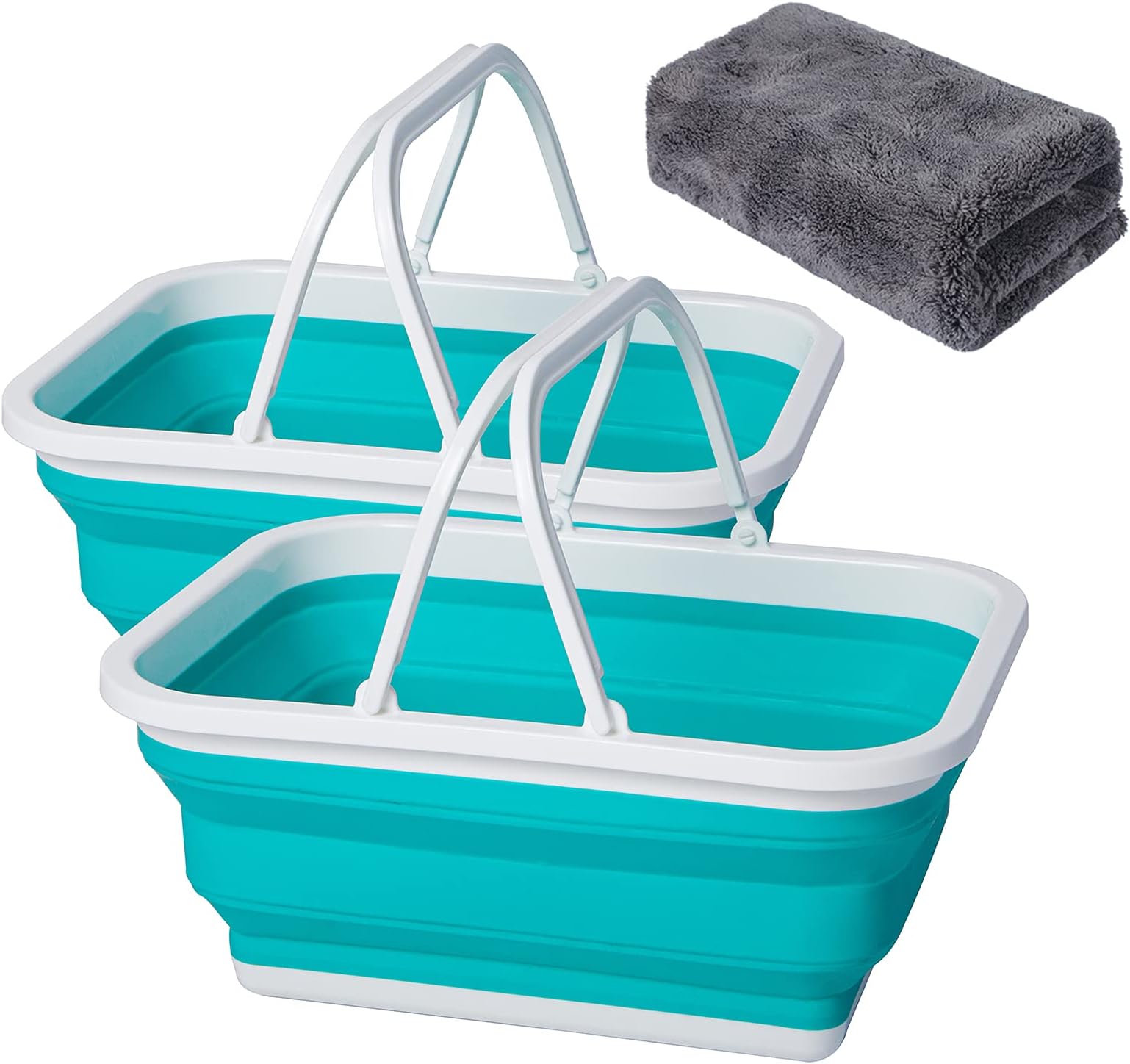 AUTODECO 2 Pack Collapsible Sink Gray/Blue/Green with Handle Towel, 2.37 Gal / 9L Foldable Wash Basin for Washing Dishes, Camping, Hiking and Home