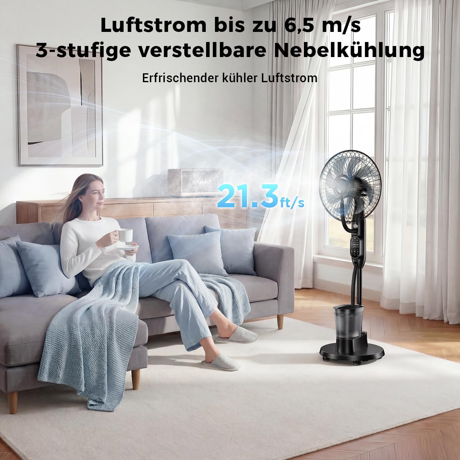 NebulaFlow Standventilator mit Wassersprüher, 3-in-1-Kühlung & Befeuchtung, Oszillierender Bodenventilator, 9 Geschwindigkeiten, 3 Modi, Fernbedienung, Leiser Schlafzimmerventilator, 1 Stück
