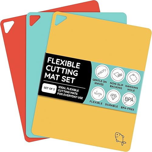 July Home Tabla de cortar alternativa para cocina, juego de 3 tablas de cortar de plástico flexible extragruesas, antideslizantes, sin BPA, fáciles