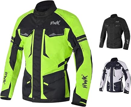 HWK Adventure Touring Motorcycle Jacket for Men, Water Resistant Cordura Textile Biker Jacket for Men, Durable and Stylish Moto Gear with CE Armor for Enduro Motorbike Riding - Hi-Vis Green, Large