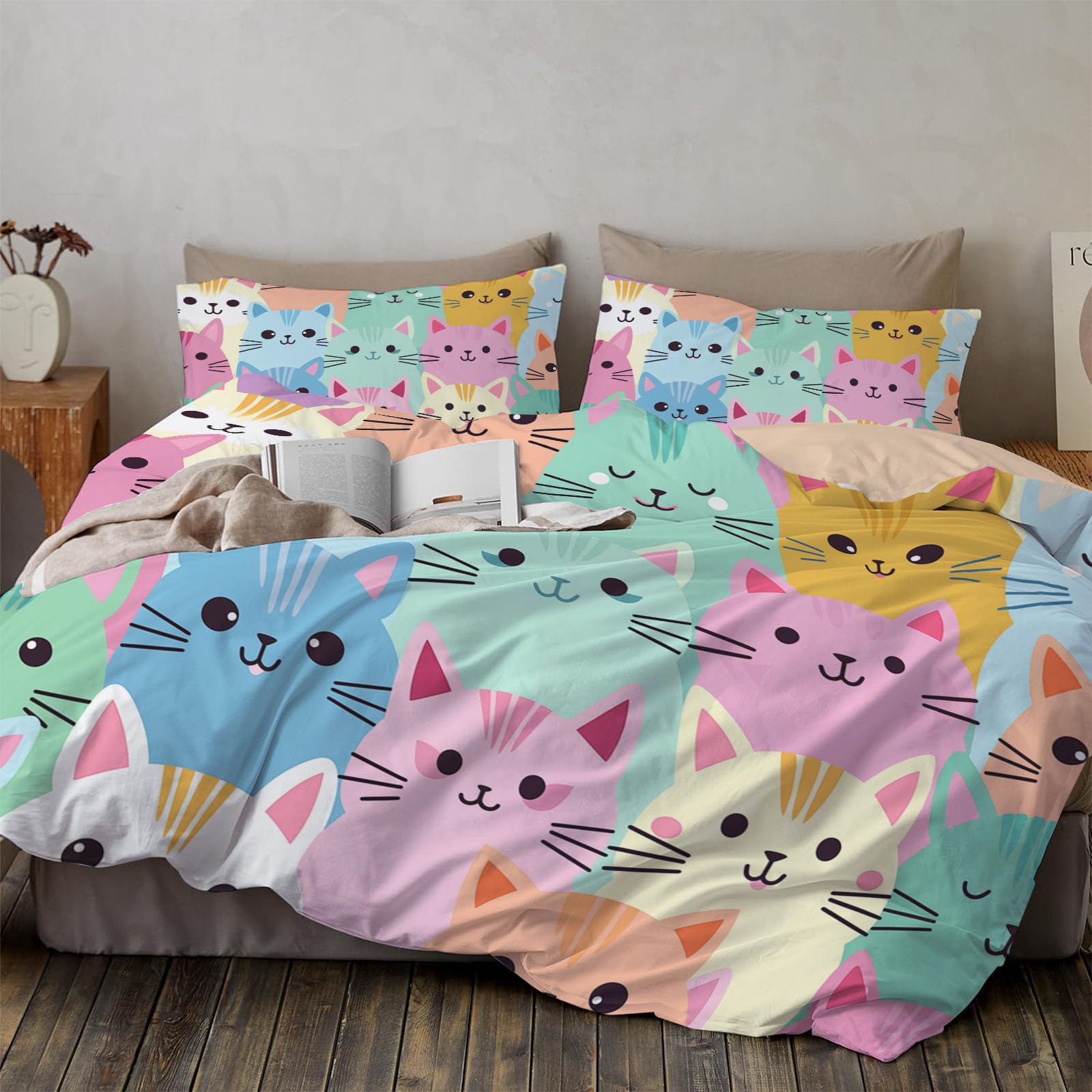 Parure de lit chat anti-plis en microfibre douce avec fermeture éclair rapide