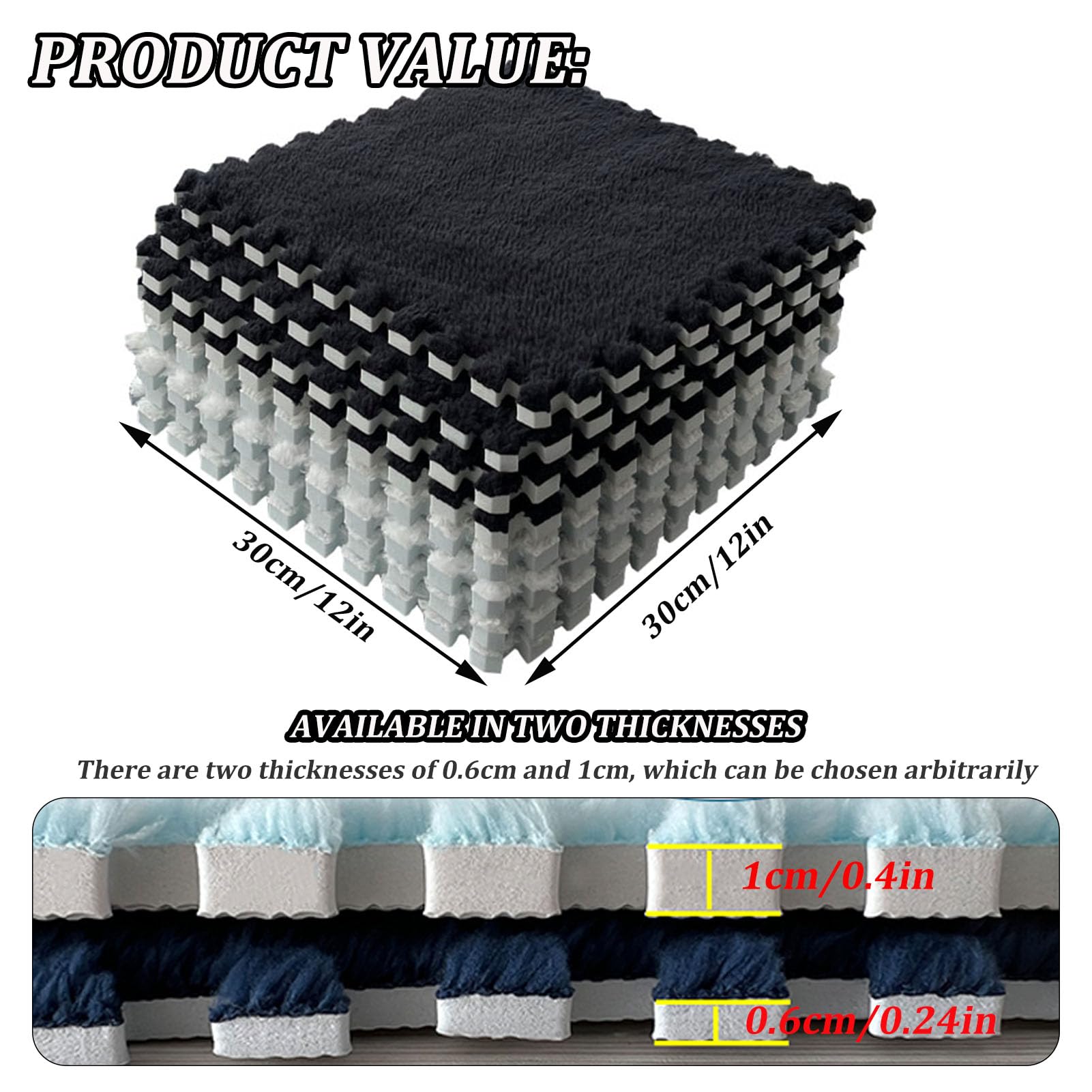 Tappeto in Schiuma di Peluche Splice Interlocking Carpet, 16 Pezzi Tappetino Interlocking, Tappetino in Schiuma Interlocking, Tappetino in Schiuma a Puzzle Quadrato,Dark Gray+Light Blue
