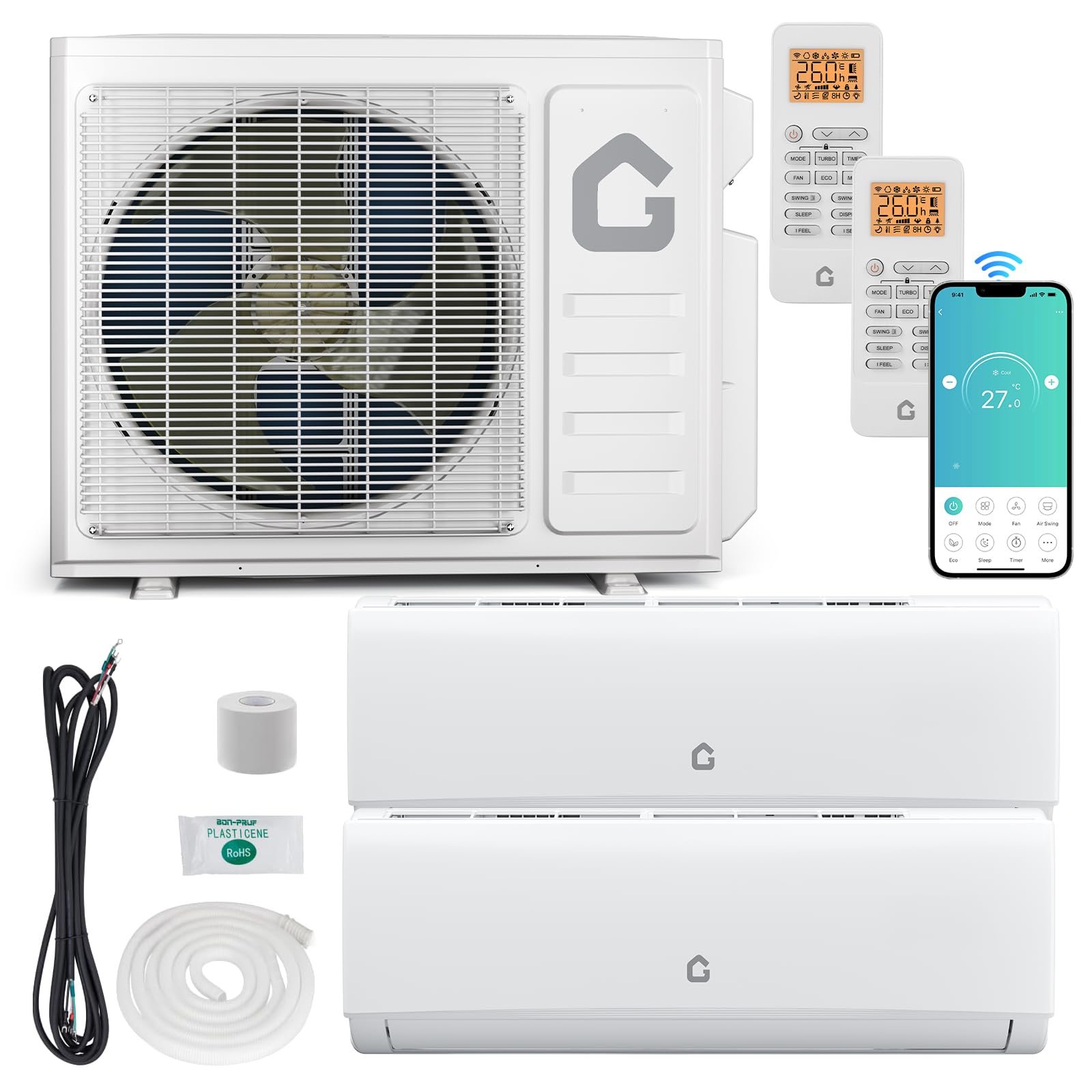 Garvee 20K BTU Dual Zone Mini Split AC/Heating System, 20 SEER2 9000 + 9000 BTU Wifi Ductless 2 Zone Wall Mounted Mini Split Air Conditioner, No Copper Tube Line Set Included-208-230V