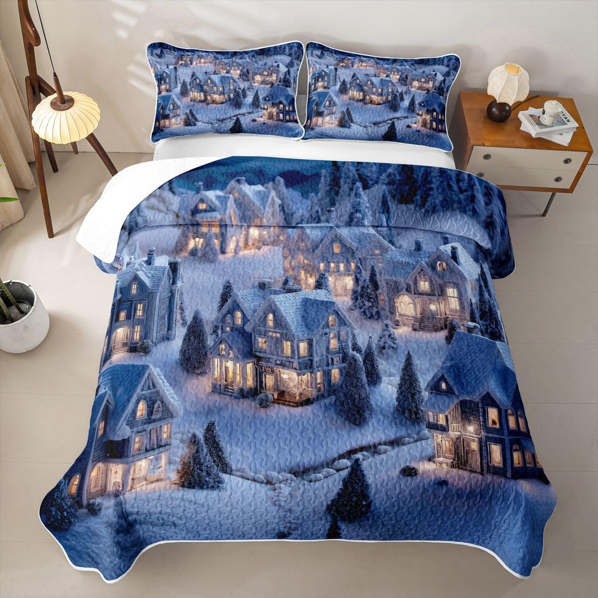 Castle Fairy Christmas Queen Size Quilted Bedspread,Pine Tree Snowflake Coverlet Set,Xmas Snow Town Microfiber Lightweight Quilt Bedding,Festival Holiday Bed Covers for All Season,2 Pillowcases