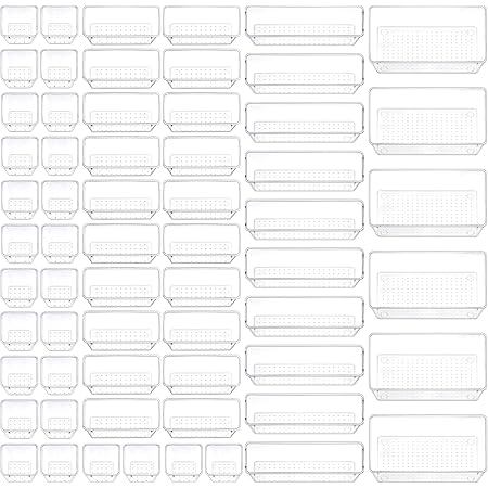 Fixwal 62 PCS Clear Drawer Organizer Set, 4-Size Plastic Drawer Organizers Trays Bathroom Organizers Dresser Storage Bins Separation Box for Makeup, Jewelries, Gadgets, Bathroom, Office, Bedroom.