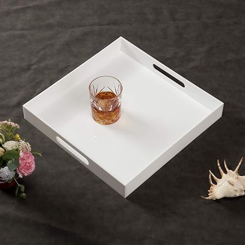 Miniatura 2 de Glossy White Sturdy Acrylic Serving Tray with Handles-14x14Inch-Serving Coffee,Appetizer,Breakfast,Butler-Kitchen Countertop Tray-Makeup Drawer