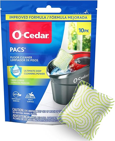 O-Cedar PACS Hard Floor Cleaner, Crisp Citrus Scent 10 Count (1-Pack) | Made with Naturally-Derived Ingredients | Safe to Use on All Hard Floors | Perfect for Mop Buckets