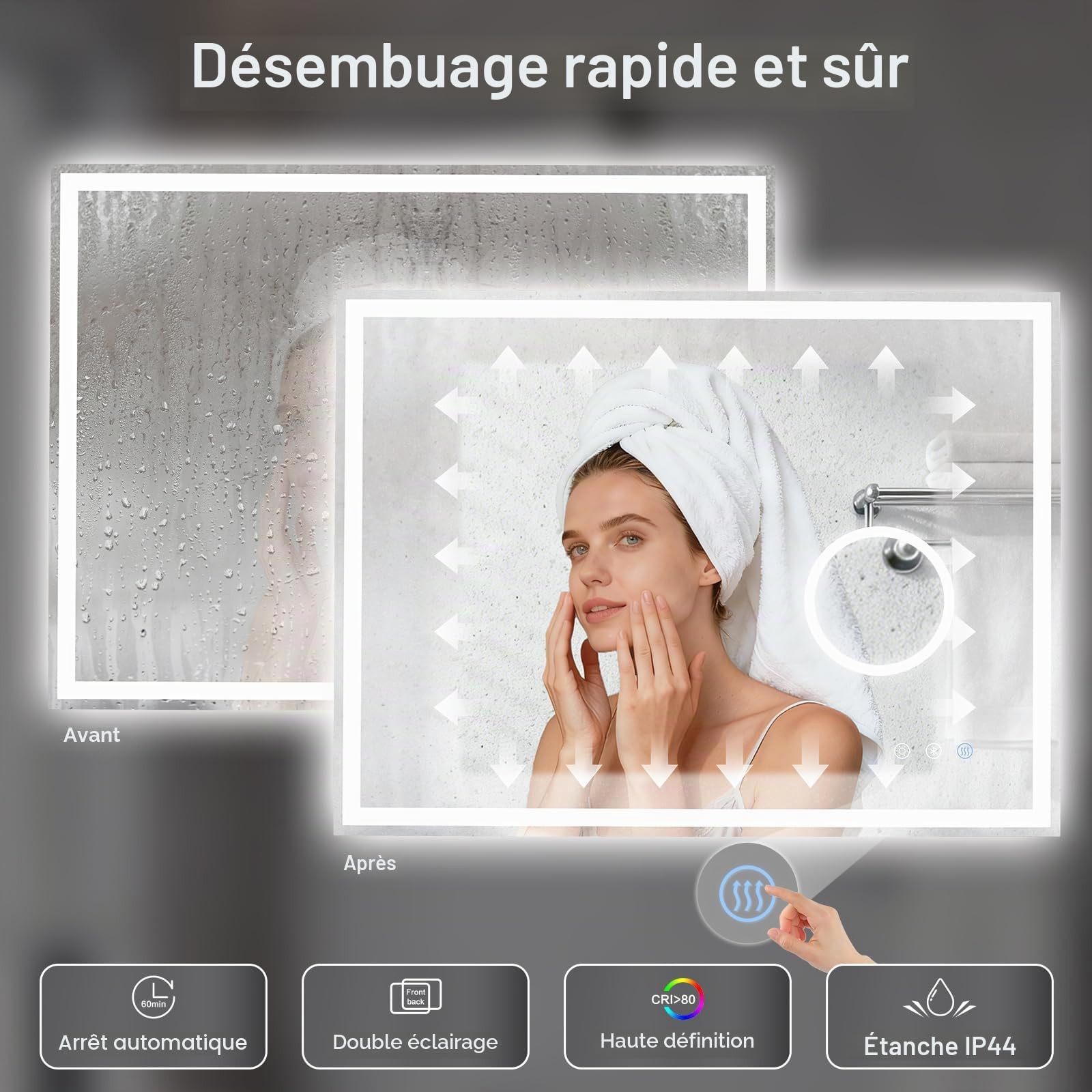 Miroir Salle de Bain avec Eclairage Bluetooth 70x50cm, Miroir LED avec Loupe 3X, Anti-buée, 3000K/4000K/6500K, Dimmable, Mémoire, IP44, Douille, Horizontal/Vertical