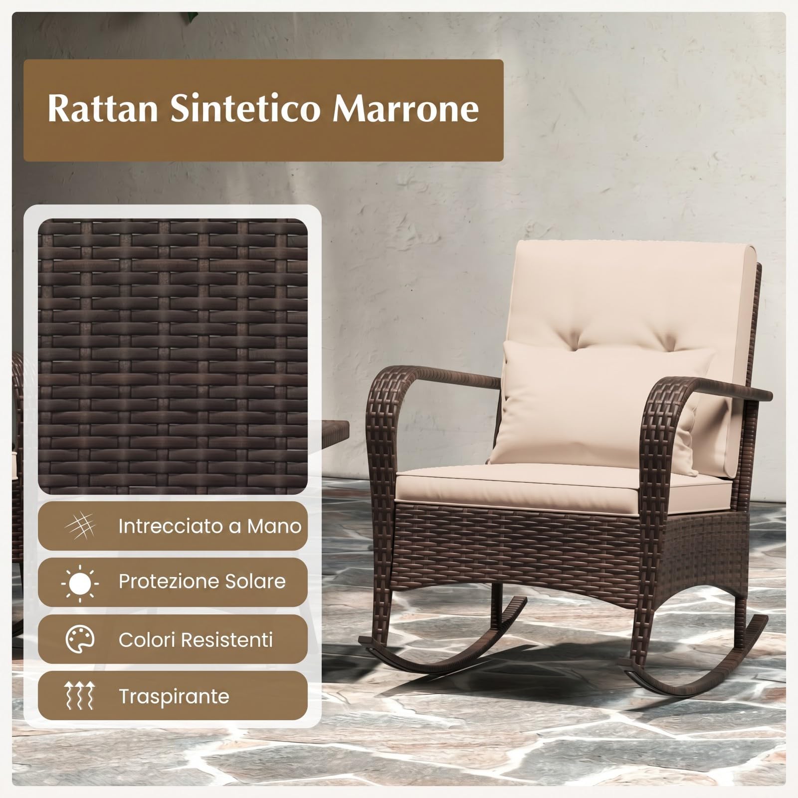 SOARS Salotto da Giardino Esterno 3 Pezzi, Set Giardino Esterno in Rattan con 2 Sedie a Dondolo e Tavolino in Vetro Temperato, Set Mobili a Dondolo da Esterno con Cucini per Cortile, Piscina, Balcone
