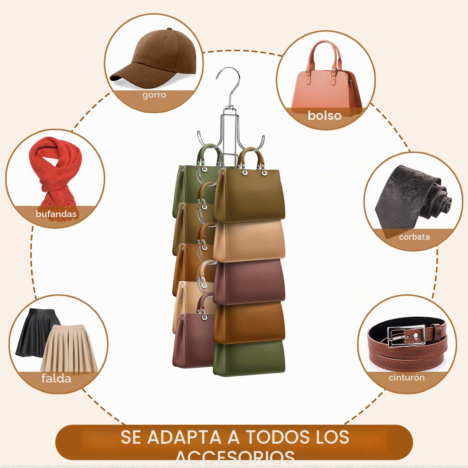 Organizador de bolsos para armario, colgador de bolsos mejorado con 10 ganchos grandes, rotación de 360 grados para una mejor organización y presentación