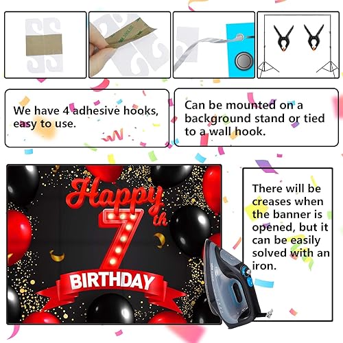 Miniatura 5 de Cartel rojo y negro de feliz cumpleaños número 7, decoración temática de globos para niñas y mujeres, princesas de 7 años, fiesta de cumpleaños,