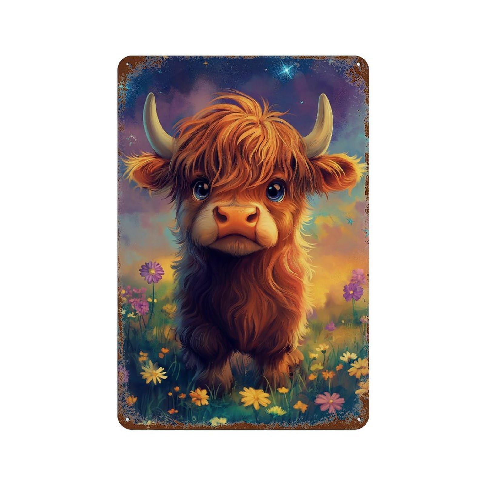 Vintage Metal Tin Sign Fantasy Highland Cow Art Print 11.8"x7.9", Classic Wall Plaque for Pub, Kitchen And Man Cave Decor