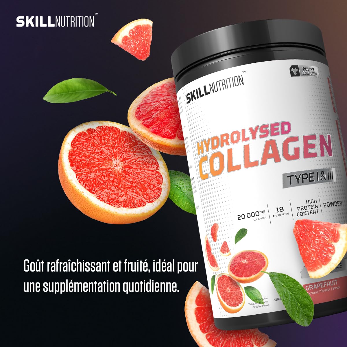 SKILL Nutrition Peptides de Collagène Hydrolysé Type I & III | Saveur Pamplemousse | 18 Acides Aminés : Glycine, Proline | Haute Biodisponibilité | Peau, Cheveux & Articulations | 660g