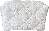 ZUNUONUO Cotton Quilted Makeup Bag - Cute Coquette Floral Embroidery Cosmetic Organizer Pouch for Women Travel, White