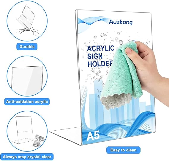 A5 Sign Holders, Acrylic Slant Sign Holders, Clear Plastic Display Stand, Acrylic Paper Signs Holder Photo Frame for Restaurants Hotels Menu Stores Office (A5-5 Pack)