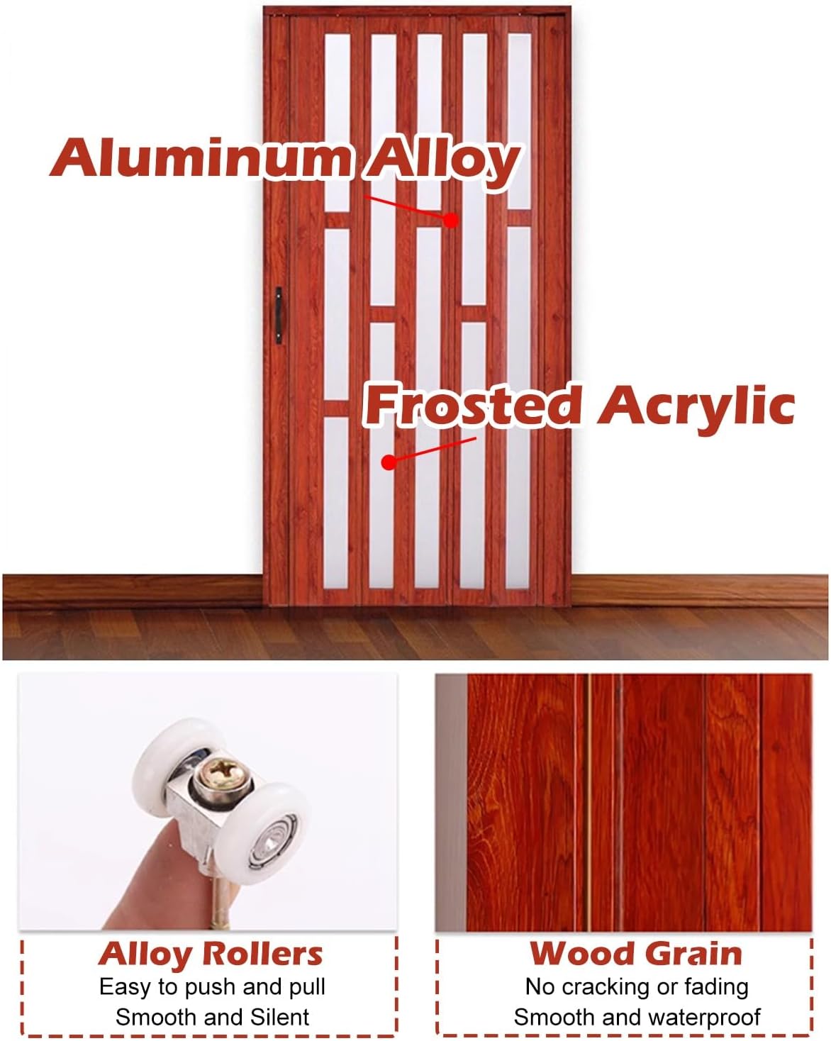 Custom Accordion Doors - Wood Grain Aluminum Folding Interior Doors, Frosted Acrylic Closet Doors with Mounting Hardware, Easy Push-Pull, 26x80in Size