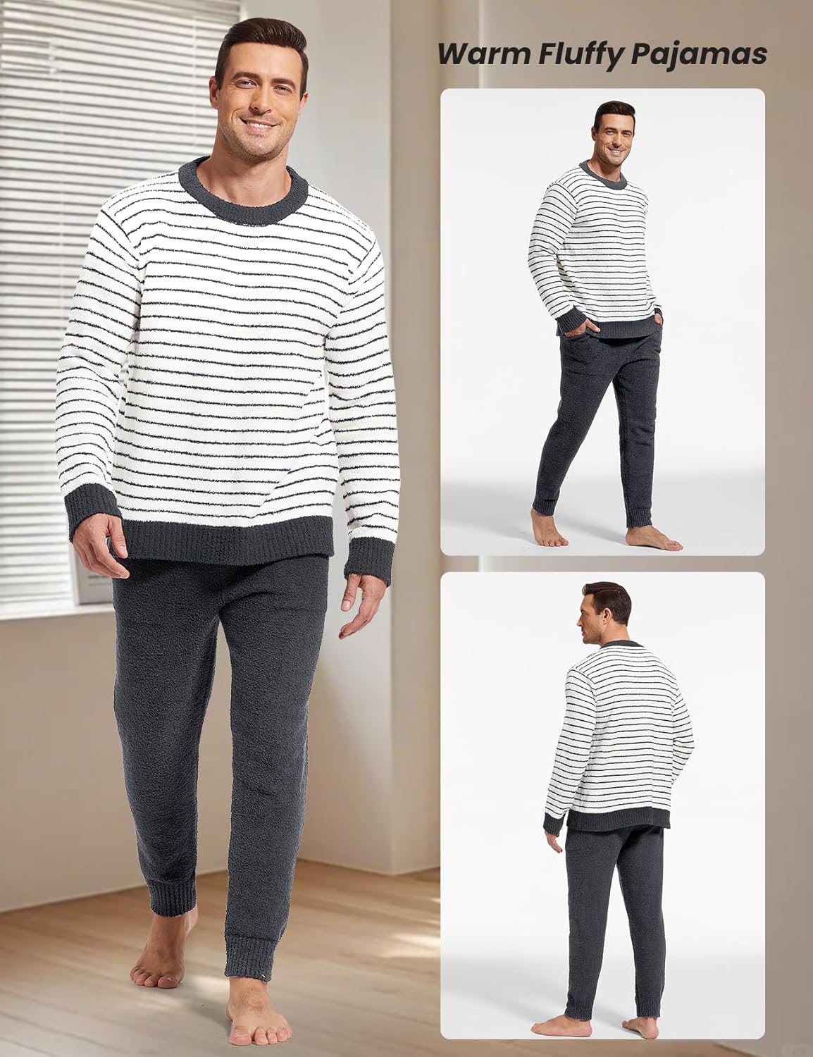 Yimoon Mens Fleece Pajama Set Striped Warm Fluffy Pjs Set Winter Long Sleeve Soft Fuzzy Sleepwear - Image 2
