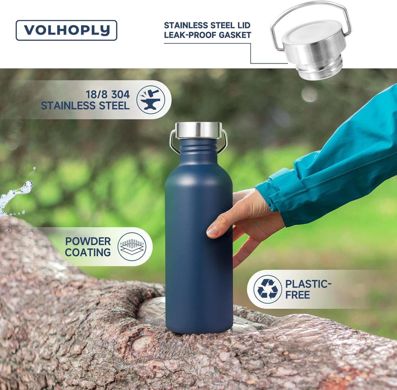 Volhoply 32oz Uninsulated Single Walled Water Bottles 4 Pack, Stainless Steel Sports Water Bottle with Handle & Carabiner, BPA Free Lightweight Water Bottles for Hiking, Biking, Running（Navy,4）
