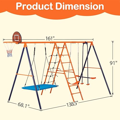 Miniatura 7 de SUPER DEAL Juego de columpios para exteriores para niños, juego de metal con columpios ajustables, escalera de escalada y redes, columpio